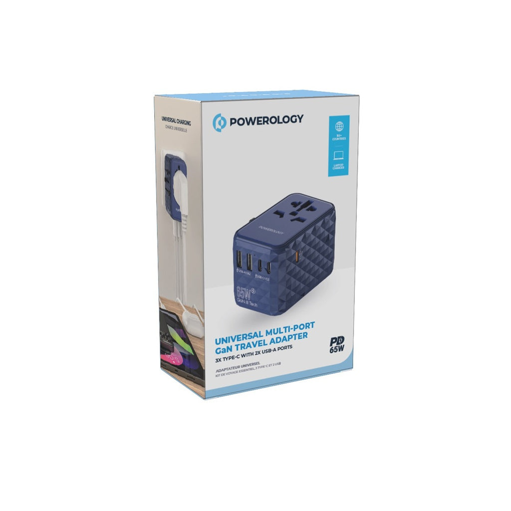 Powerology 65W GaN Universal Multi Port Travel Adapter P65W3PD-BU