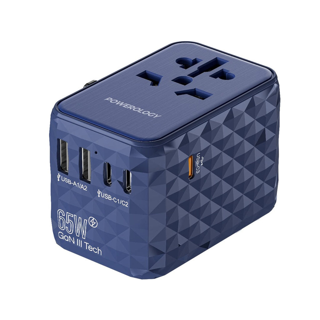 Powerology 65W GaN Universal Multi Port Travel Adapter P65W3PD-BU