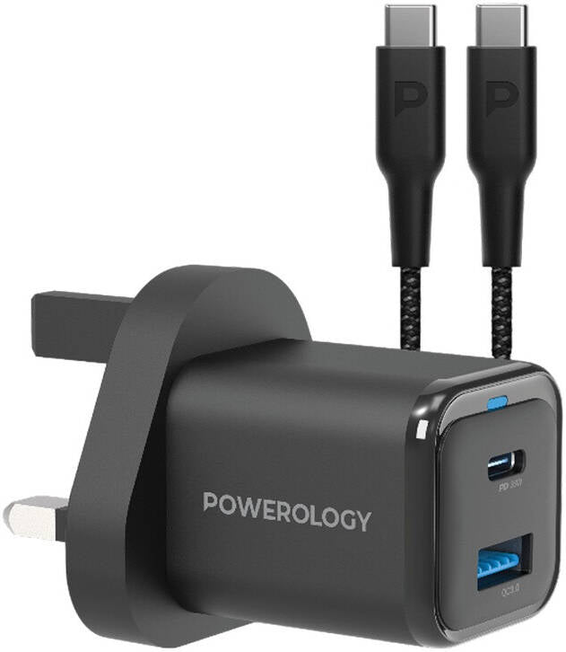 Powerology GaN Dual Port Fast Charger 35W USB C and USB A PWCUQC023