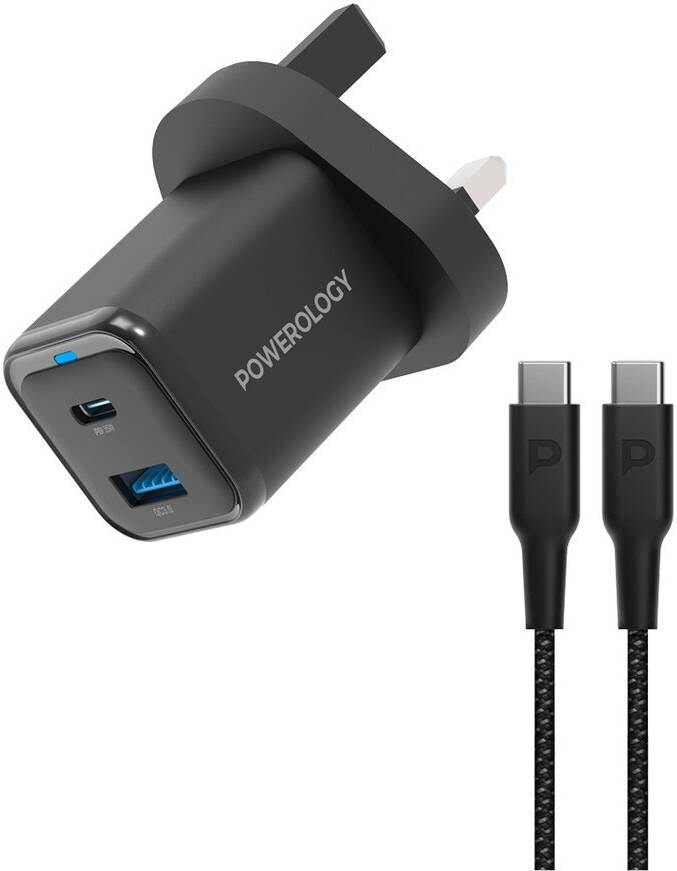 Powerology GaN Dual Port Fast Charger 35W USB C and USB A PWCUQC023