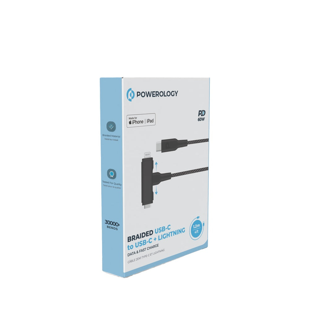 Powerology MFI Braided Type C to Type C and Lightning 2 in 1 Cable 1.2m White PCAB007WH